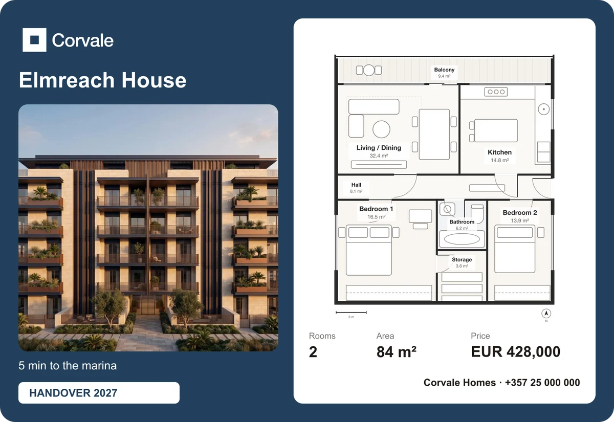 The branded card: the Corvale logo, the project render, the floor plan, rooms, area, price and the contact line