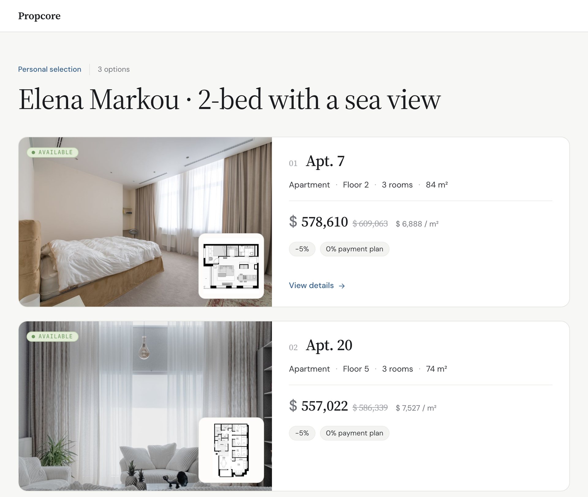 The buyer's selection page: the deal's apartments one per row, with photo, floor plan, status, price after the promotion, rooms and area