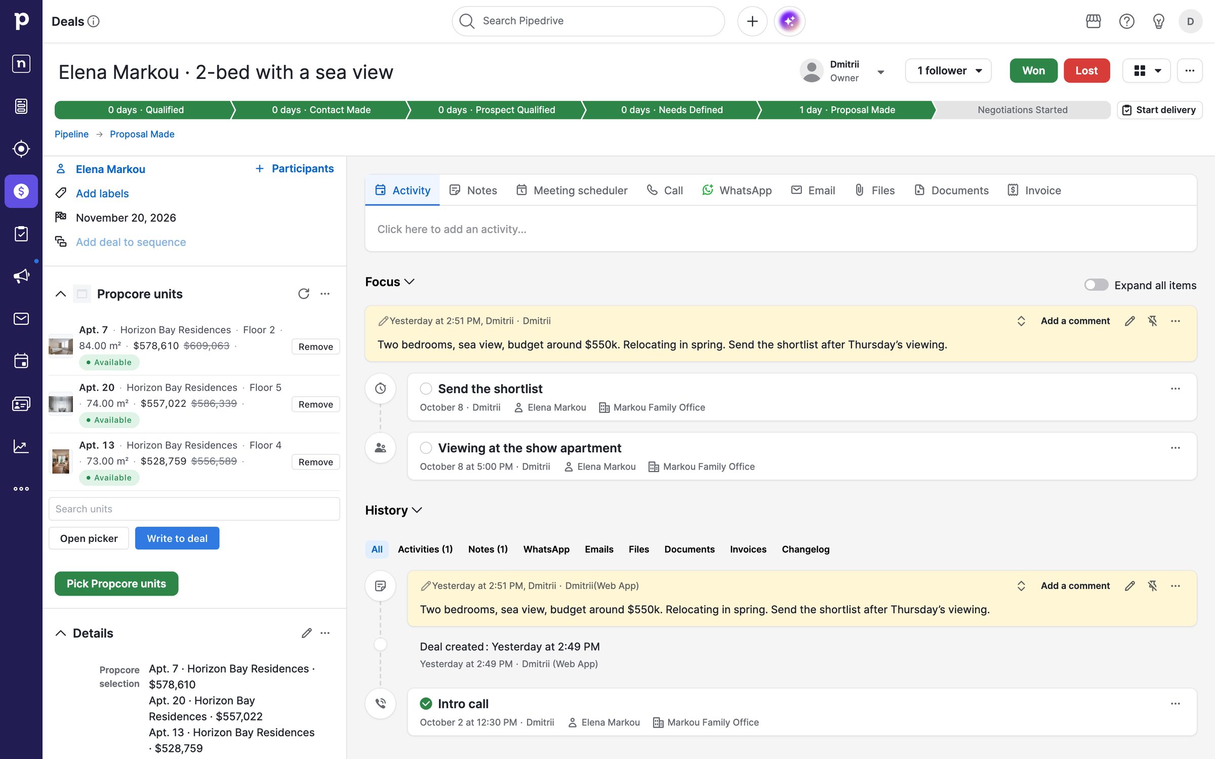 A Pipedrive deal with three Propcore apartments in the panel, the Propcore deal fields, a pinned note and the next viewing